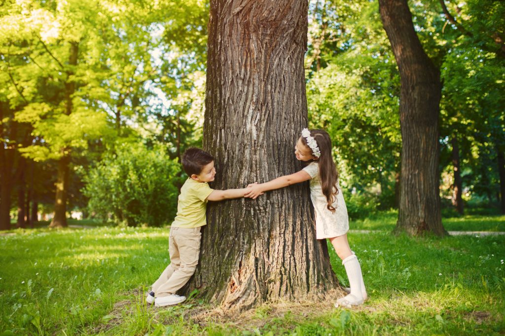 Brother and sister holding hands and hugging tree.